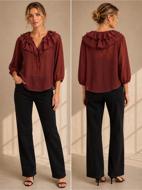 Zara Tops - Zara Burgundy Ruffled Tie Front 3/4 Sleeve Blouse M NWOT